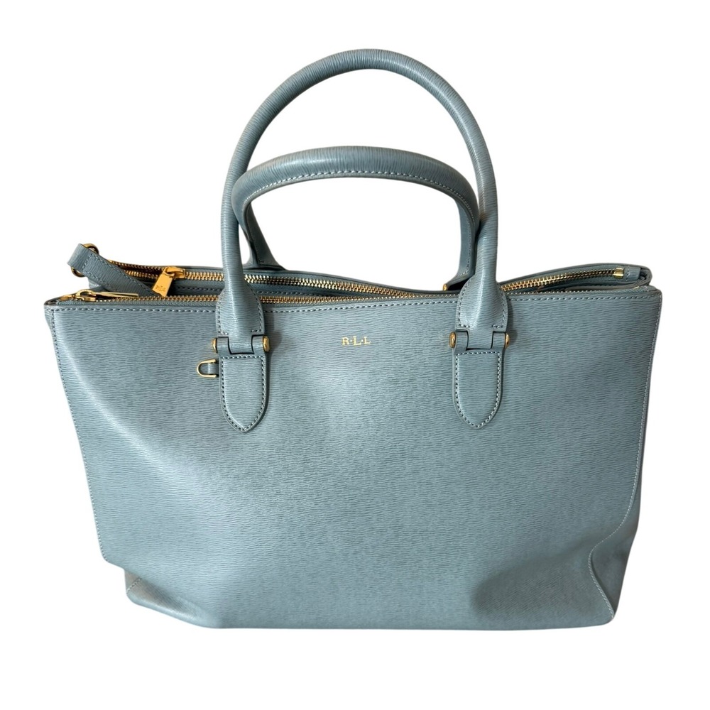 Ralph Lauren Authentic 100% Leather Light Blue Newbury Double Zip Satchel‎
